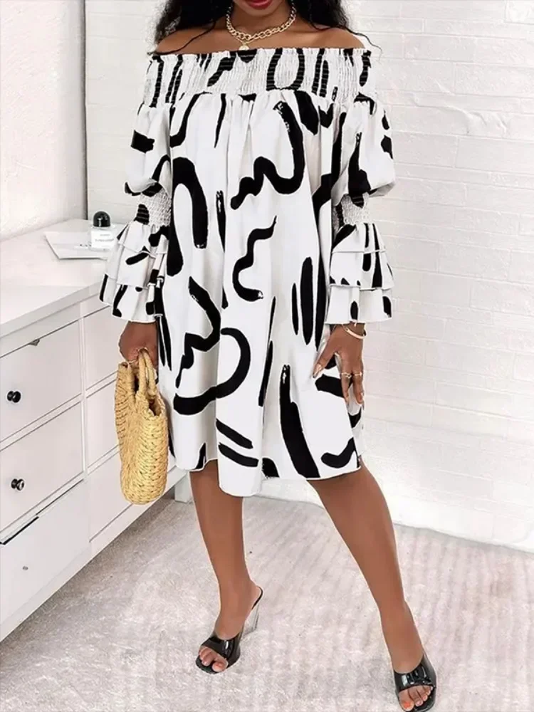 Modigirl 2024 New Fashion Printed Casual Summer Dress for Women Falbala Flared Sleeve Off-The-Shoulder Pleated Party Dresses