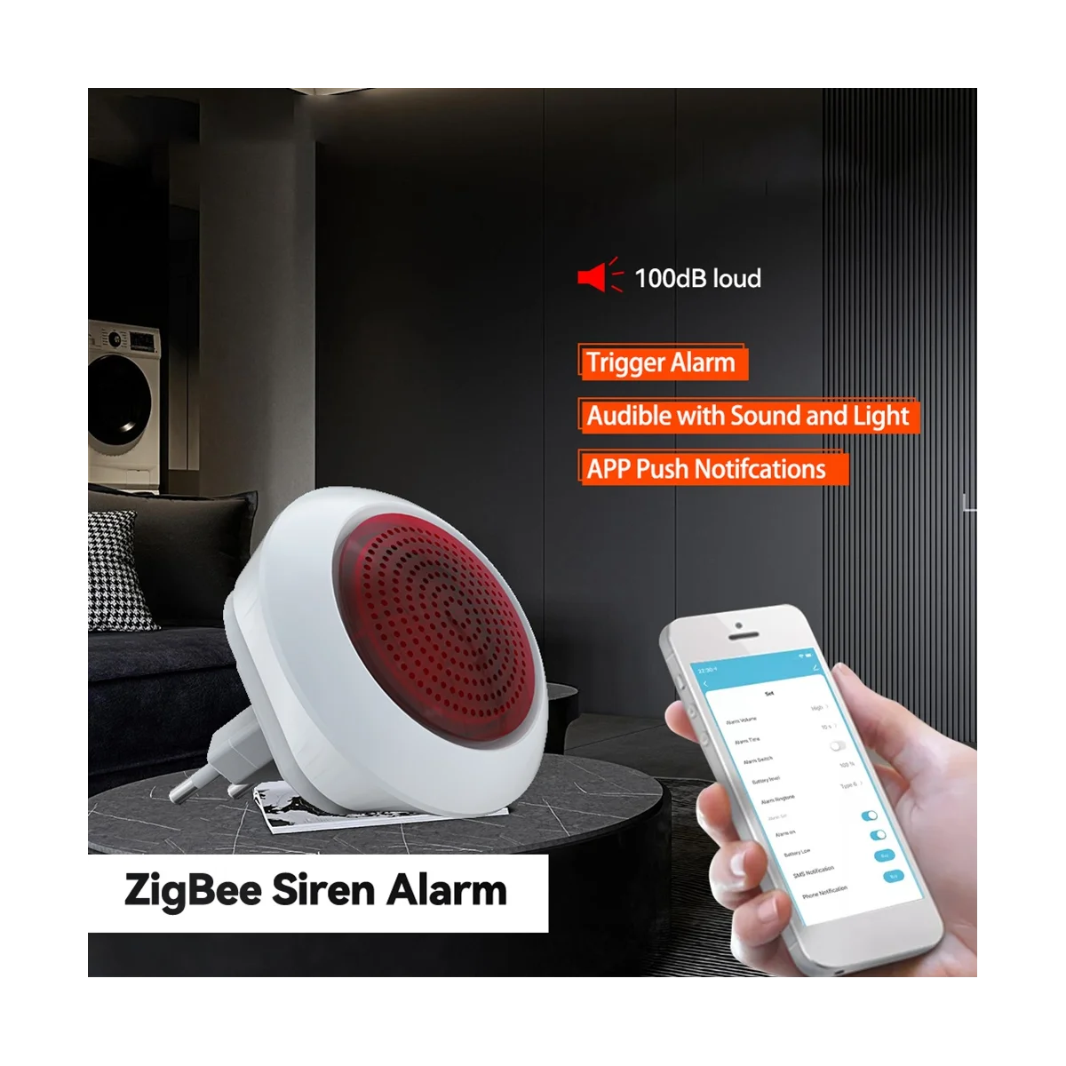 Tuya Sound Light Sensor Built-in 100DB Siren Alarm Linkage Security Protection Control Via SmartLife APP ZigBee EU Plug