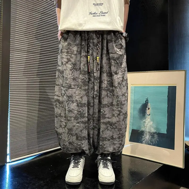 

M-5XL Plus Size Men Chinese Style Printed Harem Pants - Loose Fit Drawstring Waist Lantern Pants with Elastic Band (Boho Chic)