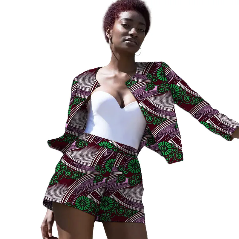 

Original Design Print Women's Casual Suits Tailored African Couture Collarless Jackets With Shorts Female Ankara Outfits