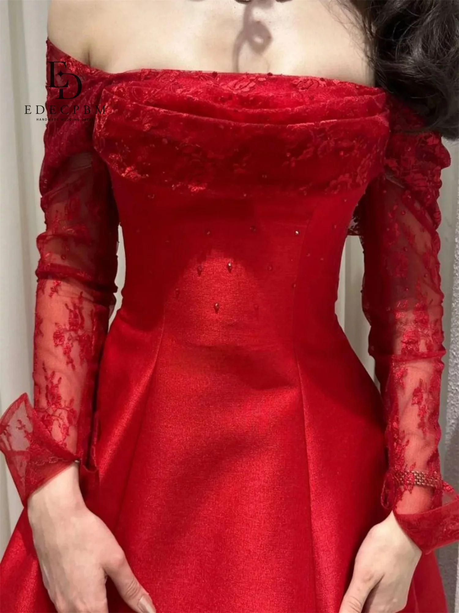 فساتين EDECPBM Vestidos De Festa النسائية للمناسبات الخاصة فساتين نسائية أنيقة مخصصة لحفلات الزفاف باللون الأحمر الساتان