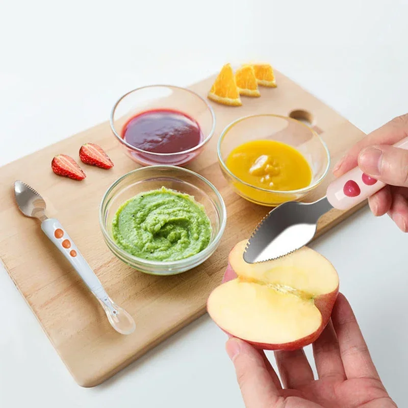 Baby Food Scraping Spoon Double Head Baby Silicone Food Spoon Fruit Scraping Tool Spoon Dinosaur Food Scraper Baby Tableware