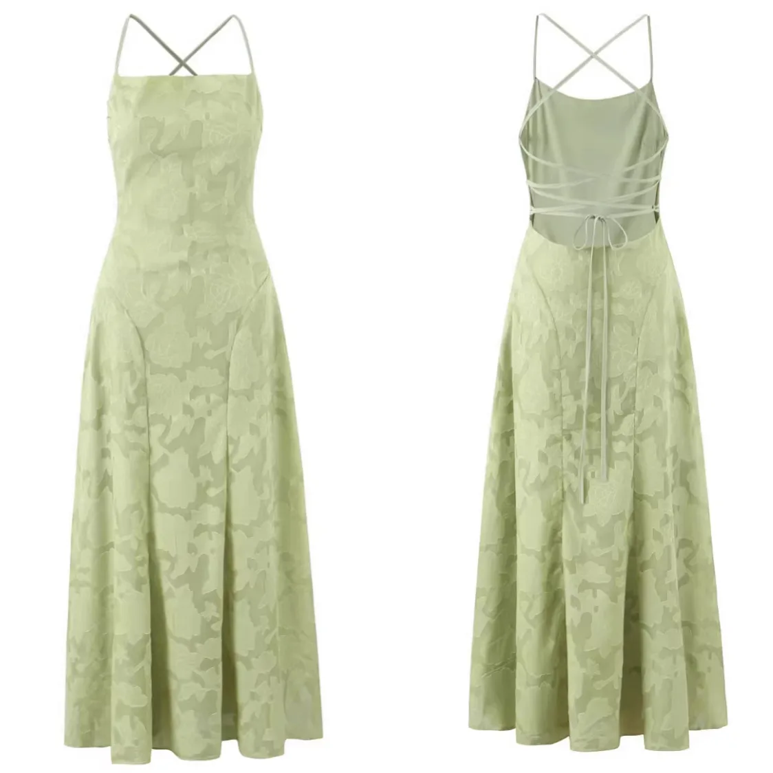 

French Romantic Backless Spaghetti Straps Jacquard Long Formal Evening Party Dress