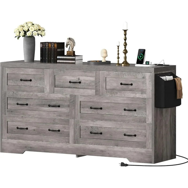 Farmhouse 7 Drawer Dresser for Bedroom, 31.5 Inch Tall Modern TV Stand with Large Drawers & Bar Handles, Storage Dressers