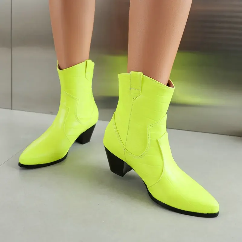 

Shiny Neon Yellow Orange Color Gothic Women Shoes Rome Style Slip-on Chunky Thick High Heels Punk Ankle Winter Chelsea Boots