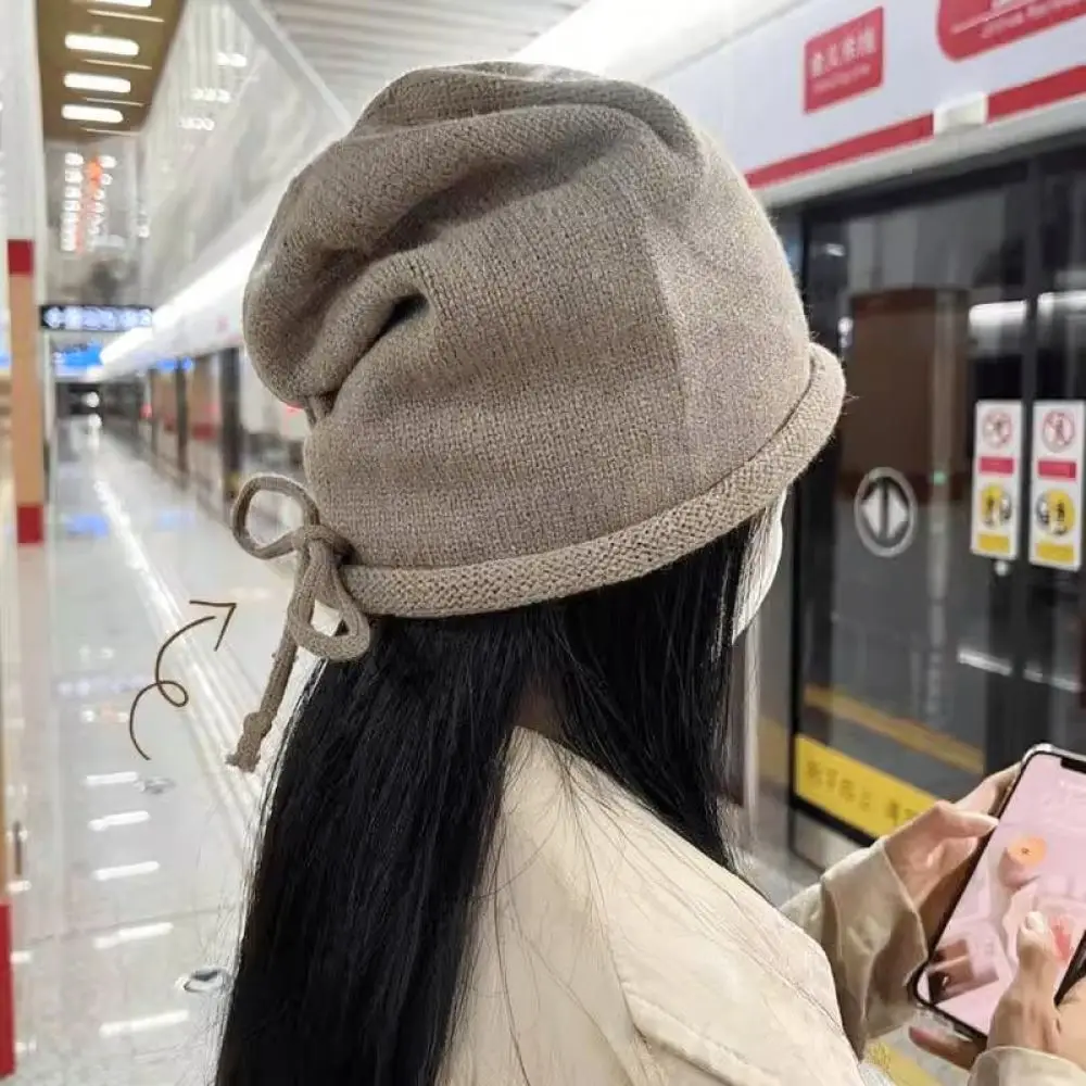 Soft Knitted Beanie Hat Women Winter Warm Cap Drawstring Design Slouchy Rolled Brim Casual Fashionable Acrylic Bonnet Headgear