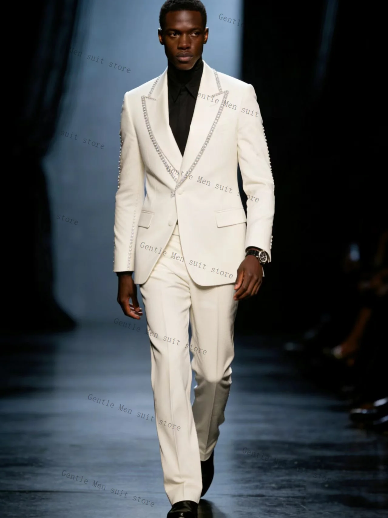 

Crystals White Men Suit Set 2 Pcs Blazer+Pants Trousers Groom Wedding Tuxedo Formal Office Business Jacket Coat Customized