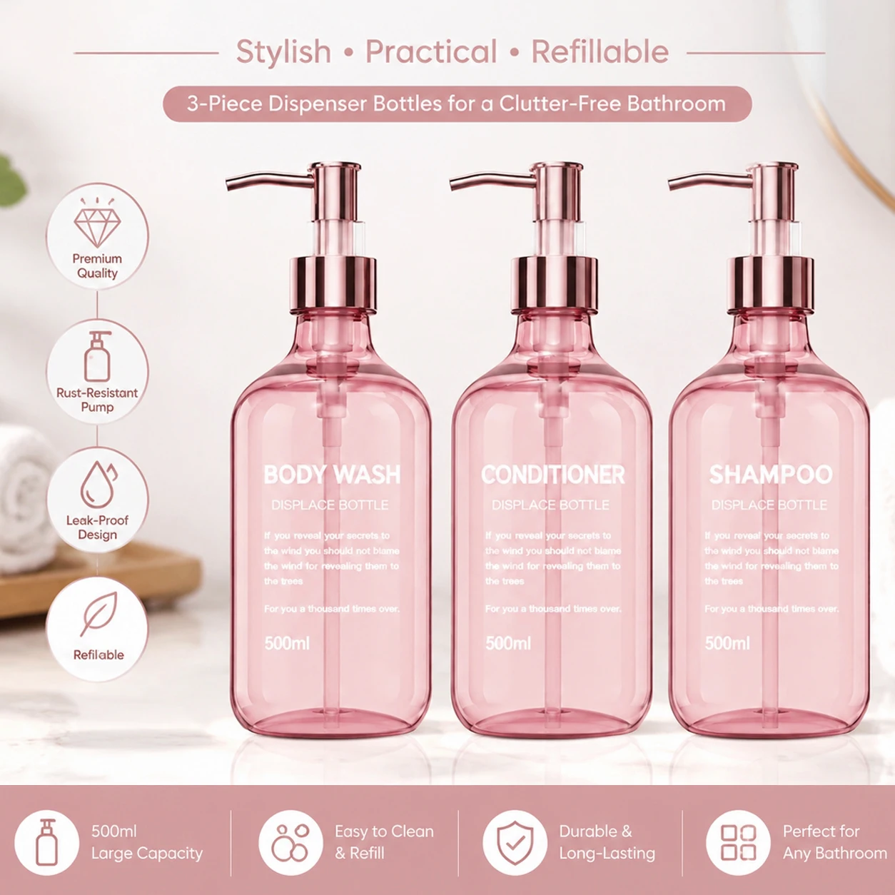 Bathroom Shower Dispenser Set, Refillable Pink Shampoo, Conditioner and Bodywash Bottles for Elegant Bath Decor view 6