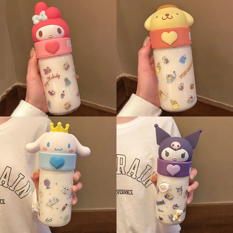 

360Ml Kawaii Anime MINISO Glass Water Bottle Cartoon Cinnamoroll Kuromi Water Cup Cute My Melody Glass Milk Cup Kids Gifts