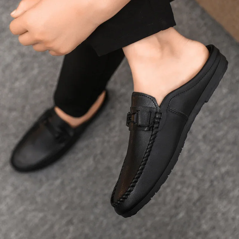 Summer Leather Men Half Slippers Breathable Mens Casual Shoes Slip-on Lazy Driving Shoes Comfortable Walking Loafers Moccasins