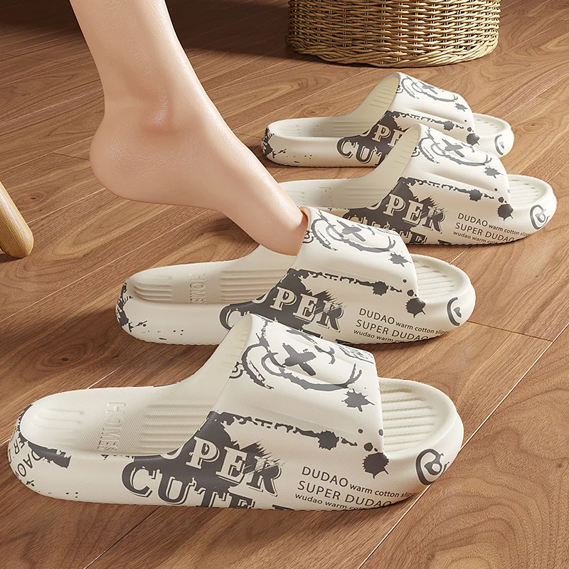 Trendy Graffiti Print Men Slippers Home Sandals for Men Flip Flops Thick Soft EVA Non-slip Women Slippers Summer Beach Slippers