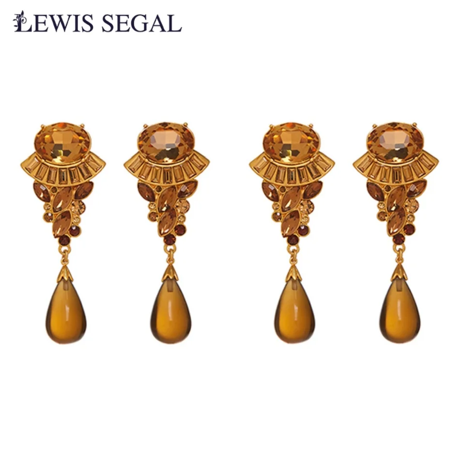 

LEWIS SEGAL 2Sets Luxury Medieval Style Large Topaz Glass Stone Dangling Teardrops Earrings Fine Jewelry 18K Gold Plated