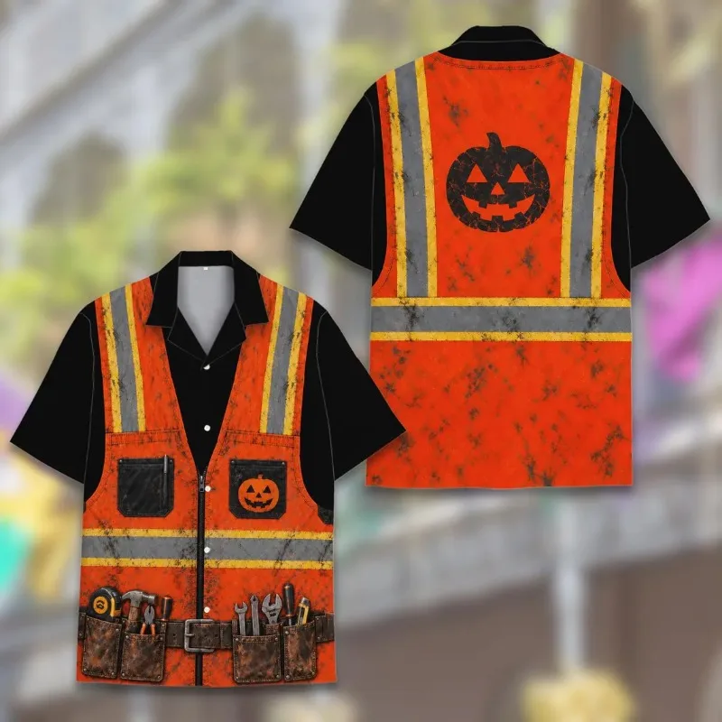 Men's Halloween Construction Worker Shirt 3D Print Safety Vest Costume Short Sleeve Workwear Tool Belt Pumpkin Party Top