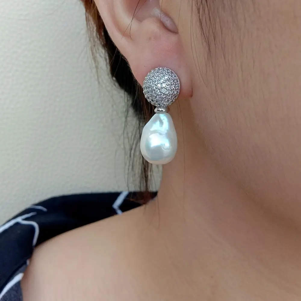 Y·YING Cultured Freshwater White Baroque Keshi Pearl Coin Charm Stud Earrings
