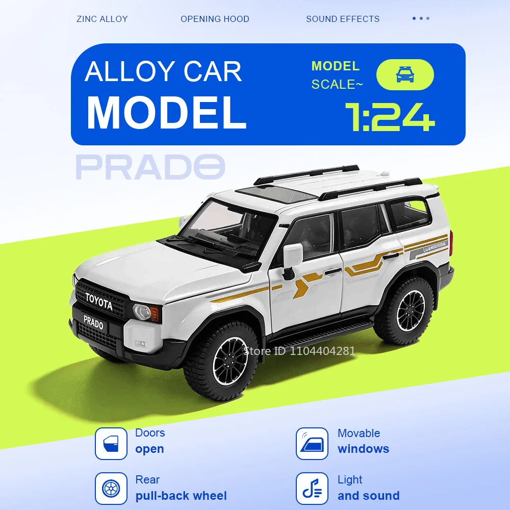 

Масштабная модель Toyota Land Cruiser Prado LC80 1:24, литая, со звуком и светом, открывающиеся двери, откат назад, миниатюрная машинка для коллекционирования, подарок для мальчика