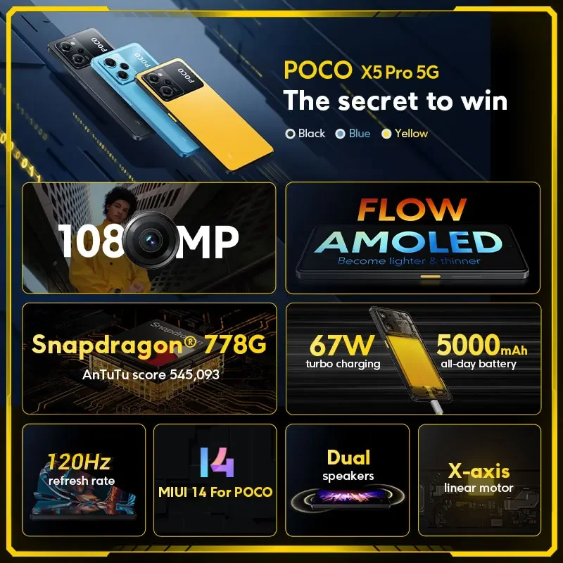 POCO X5 프로 5G 글로벌 버전, NFC 스냅드래곤 778G, 120Hz, 6.67 인치 플로우 AMOLED, 67W 충전기, 108MP 카메라, 128GB, 256GB