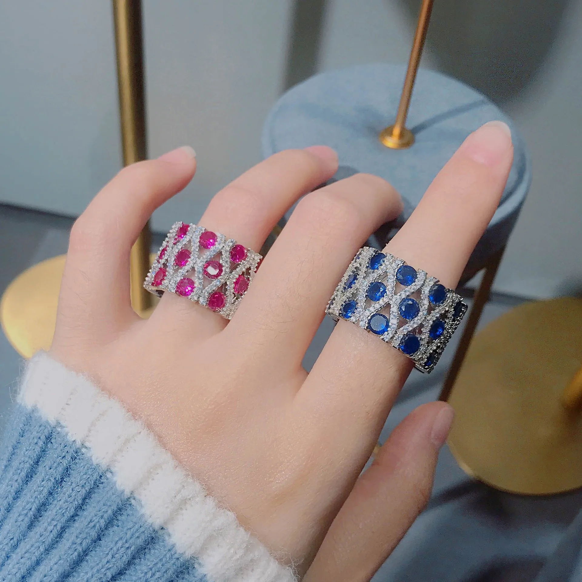 Micro-set diamond simulation sapphire silver ring ins wind color treasure ring light luxury