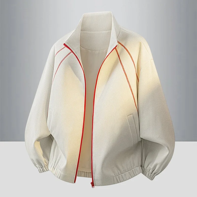 2026 Fall Winter Mens American Retro Stand Collar Jacket Contrast Color Splicing Stitch Detail Casual Loose Outerwear
