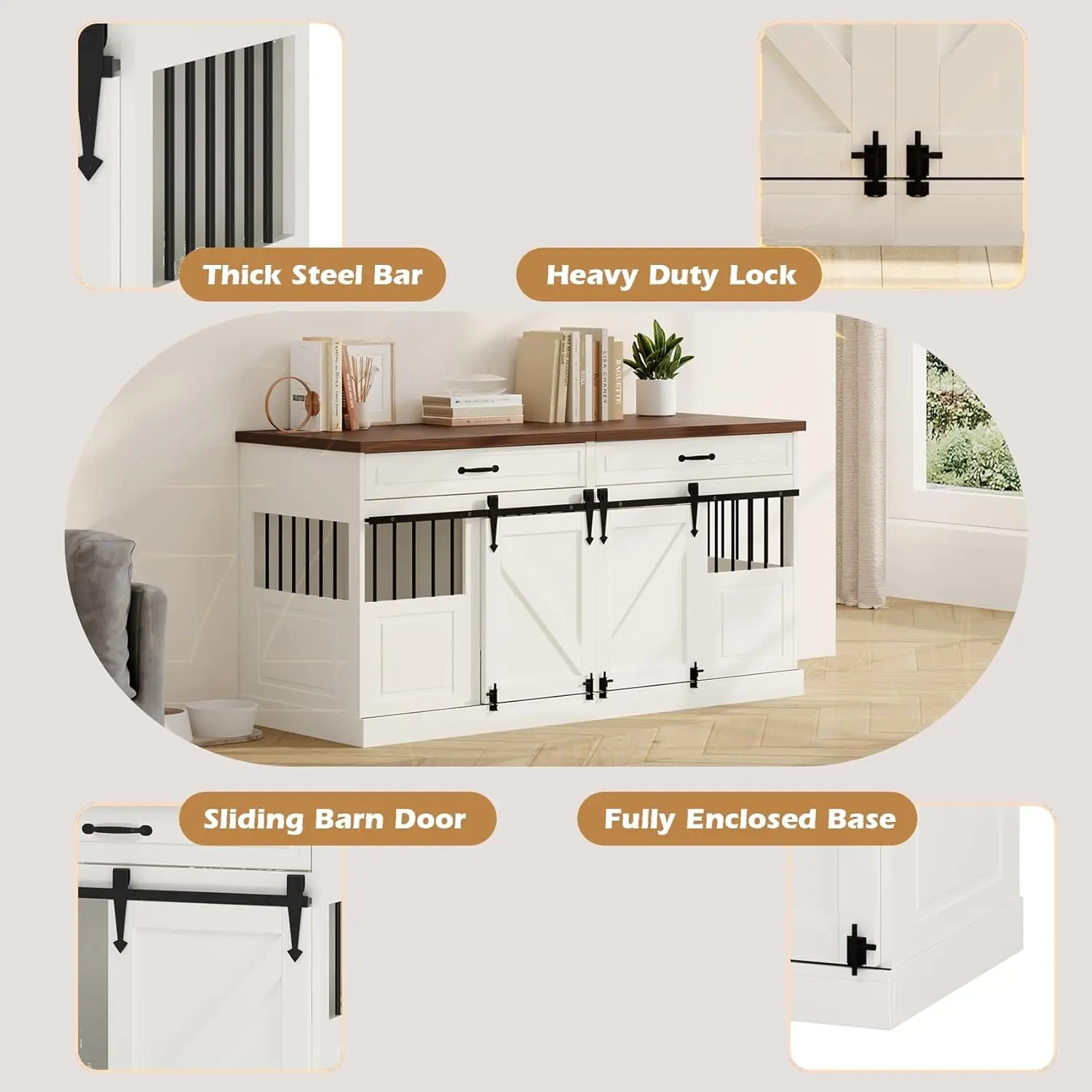 أثاث صندوق الكلاب - أثاث بيت الكلب الخشبي الداخلي للكلاب مع باب الحظيرة المنزلق ومقسم قابل للإزالة، شديد التحمل