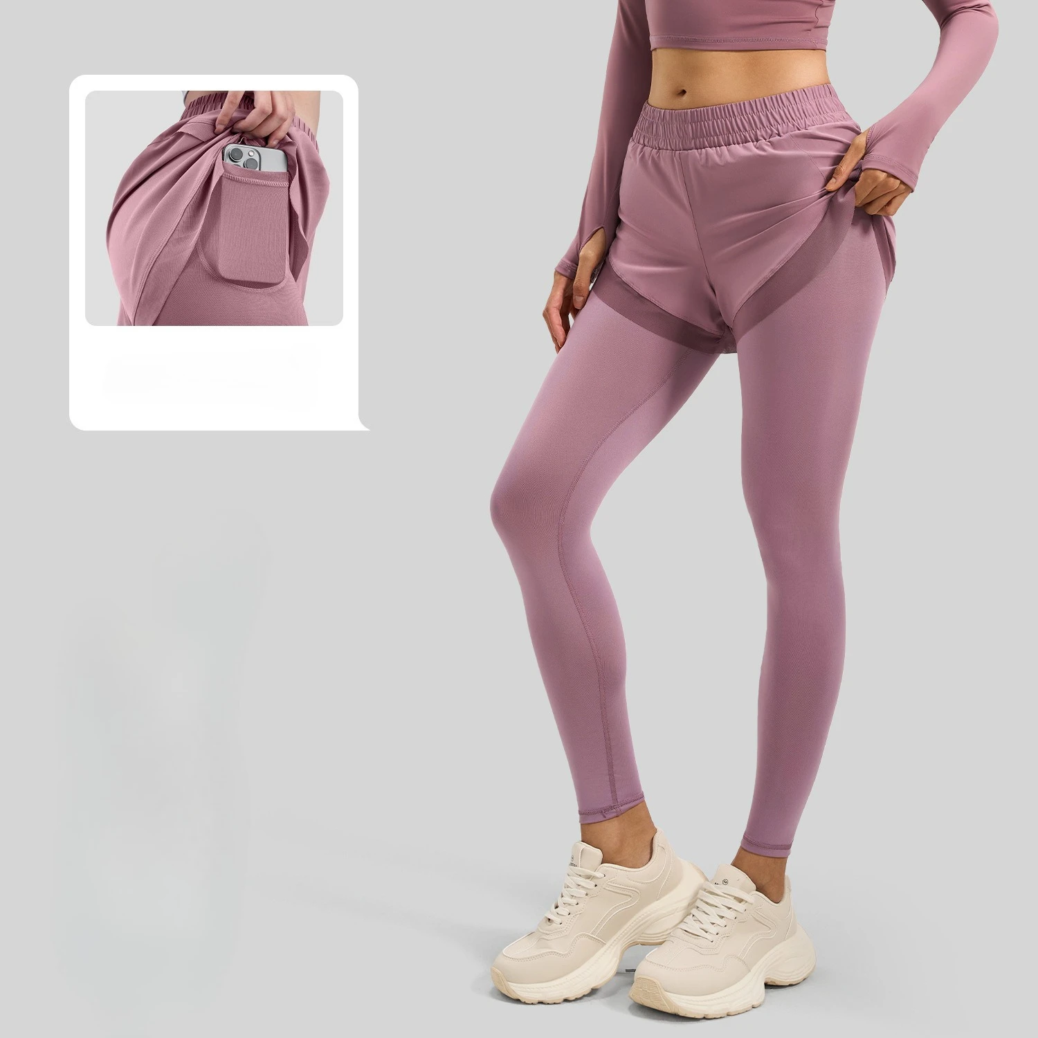 

Fake Two-pieces Fitness Running Tight Pants for Women Elastic Nude Pocket Design Yoga Pants High Waist Hip Lifting Sportswear