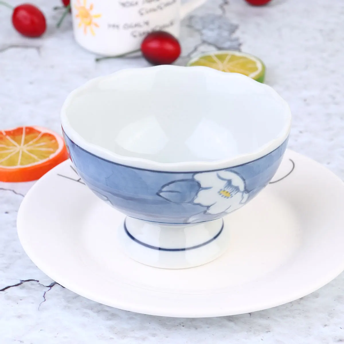

Blue Underglazed Ceramic Bowl with Stand Japanese Style Smooth Rim for Salad Rice Ice Cream Food Ceramic Bowl Serving Dish