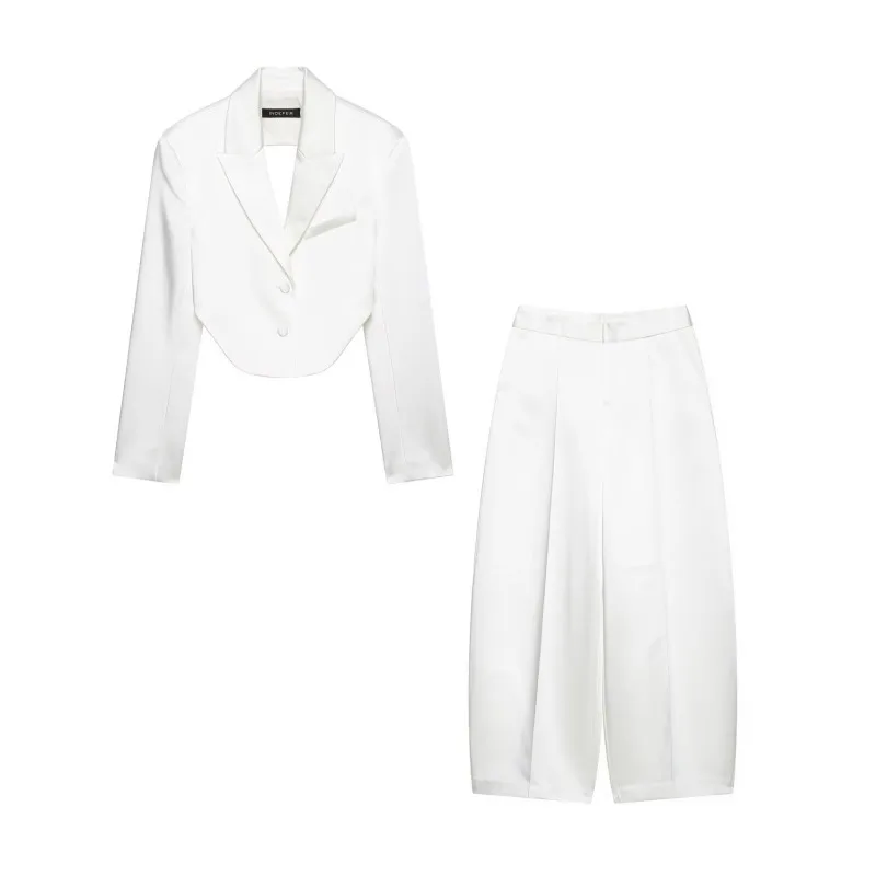 Elegantes Damen-Satin-2-Teiler-Set: Schicker Cropped Blazer mit offenem Rücken + Weite Hose, Weißes Formelles Outfit – Detail 2
