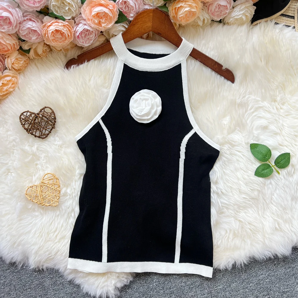 YuooMuoo Chic mode tricoté hauts femmes Y2K fabrication à la main 3D fleur mince élastique tricoté pull débardeurs tenues d'été chemises