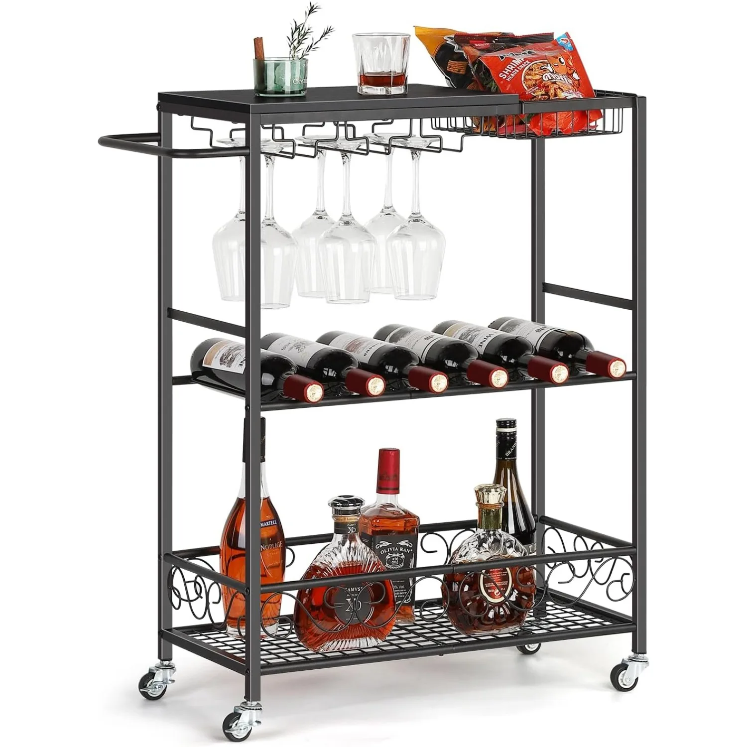 Shinoske Barwagen, 3-stöckiger Servierwagen für die Hausbar mit Rädern und Griff, rollender Küchenwagen mit Weinregal und Glashalter