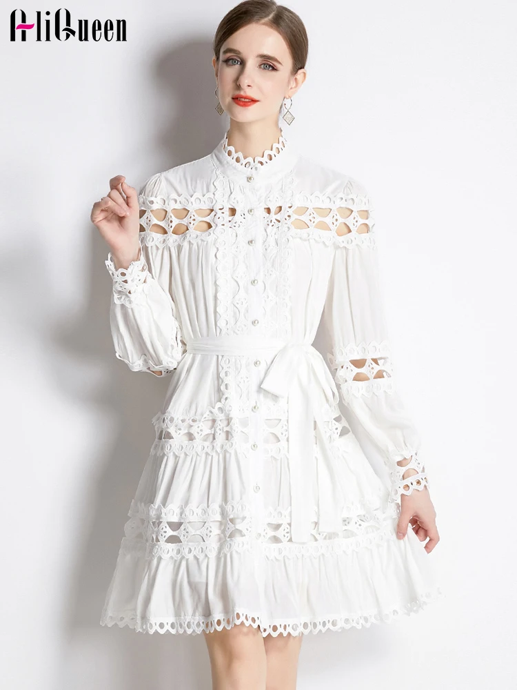 

Runway Women Sexy White Hollow Out Lace Patchwork Mini Dresses Single Breasted Long Sleeve Belt Party Dress Vestido Spring Fall