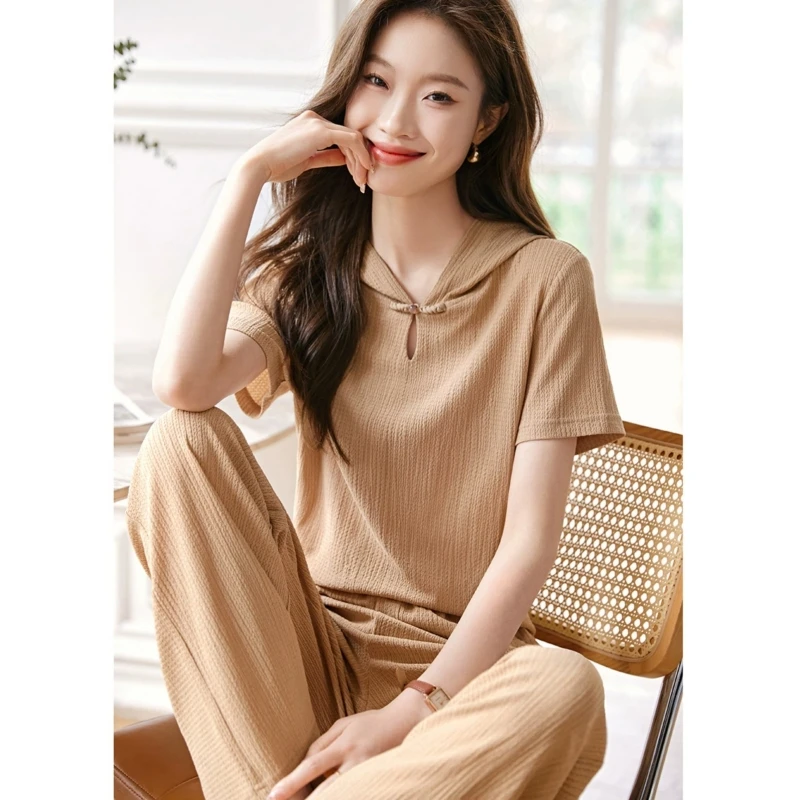 

Set Of Two Summer 2024 Fashion Pieces For Wome Comfortable Hooded Tops Casual Wide Leg Pants Sports 2 Piece Sets Womens Outfits