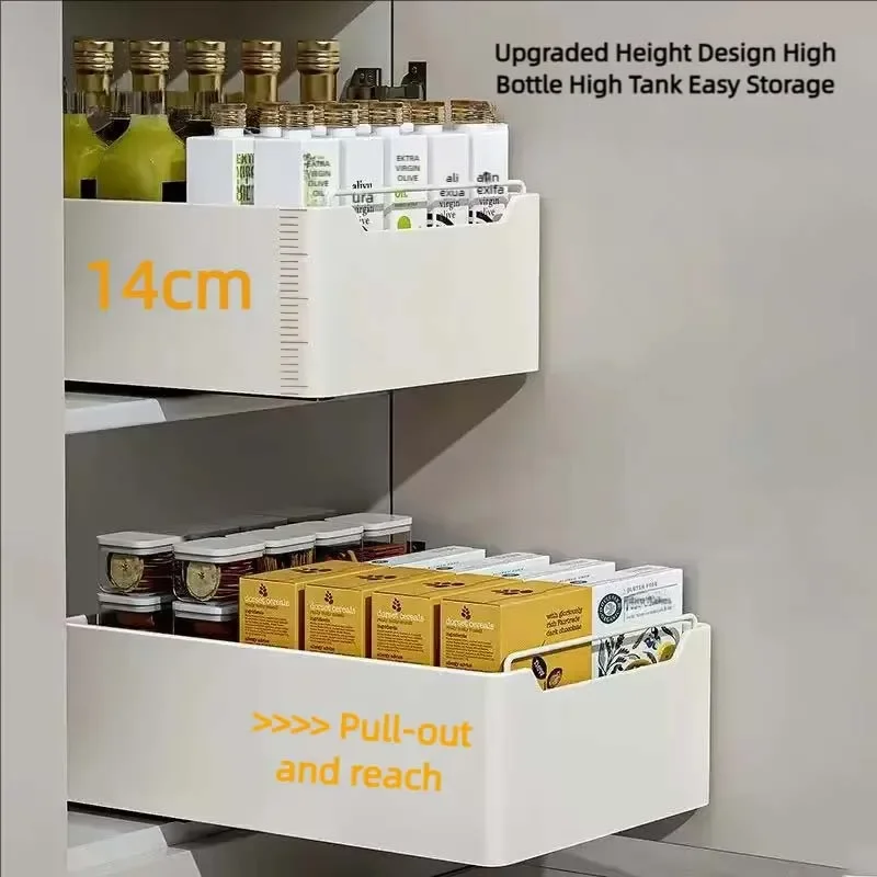 رف تخزين المطبخ الجديد مع قضبان منزلقة، درج المطبخ قابل للسحب، صينية تخزين، صندوق توابل، منظم خزائن الرف