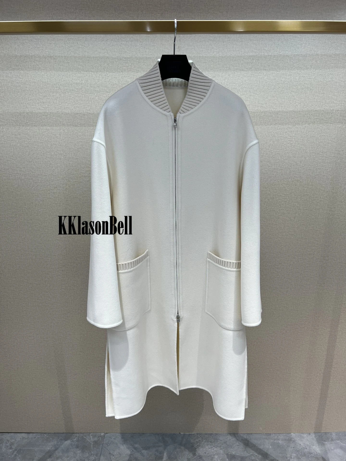 12.13 KKlasonBell Fashion Keep Warm Ribbed Stand Collar Loose Side Split Mid-Calf Cashmere Wool Coat Women