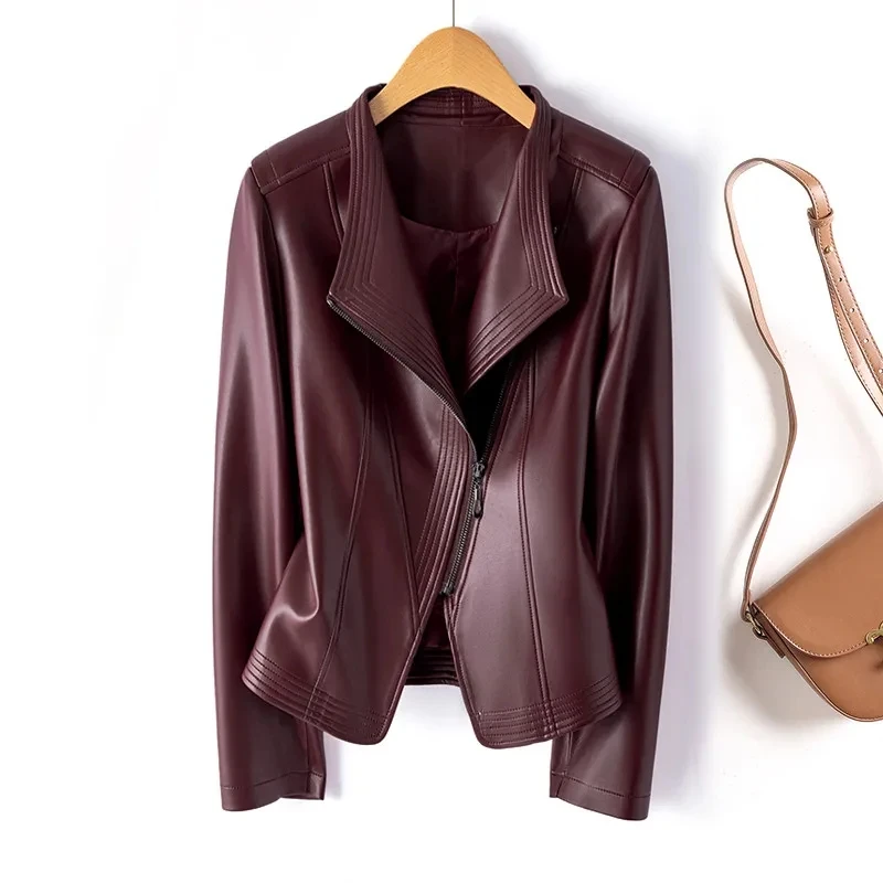 Fashion Leather Jacket Women's Short Slim Sheepskin Coat 2025 Spring Autumn Leather Jacket Long Sleeve Lapel Zipper Outwear
