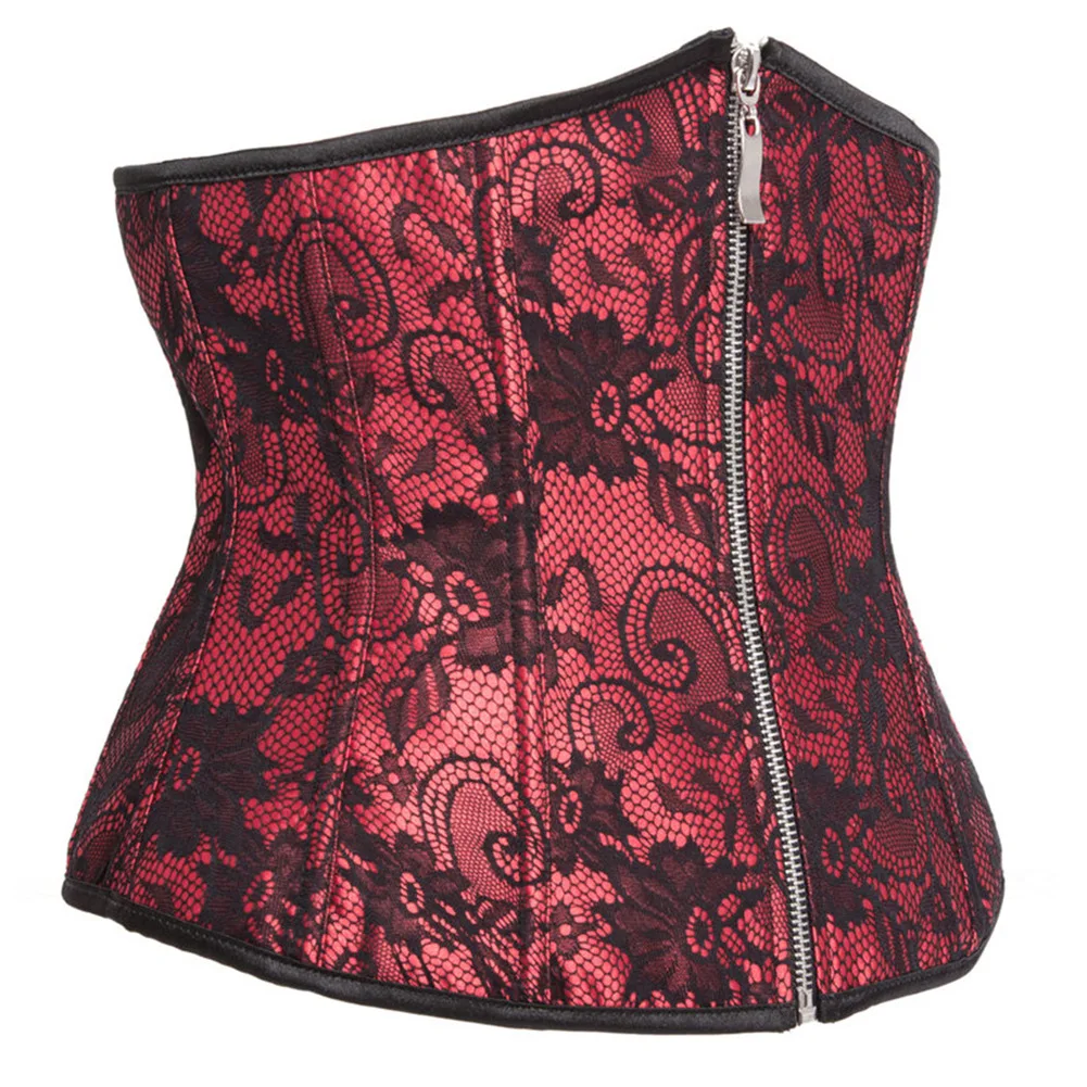 Red & Black Floral Lace Zipper Victorian Underbust Corset Sexy Women Waist Trainer Body Shaper Tummy Slimming Gothic Bustier Top