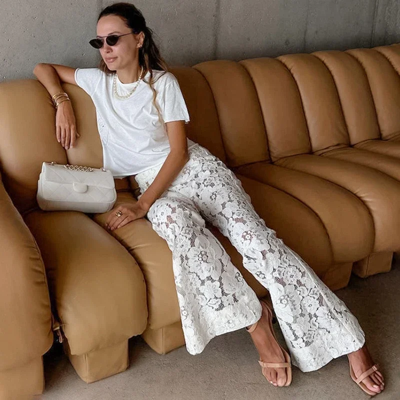 กางเกงขายาวทรงบานลายลูกไม้ผ้าแจ็คการ์ดสำหรับผู้หญิง ลายดอกไม้ฉลุลายเซ็กซี่ แฟชั่นฤดูใบไม้ร่วงใหม่ เอวสูง กางเกงทำงานสำหรับสุภาพสตรี