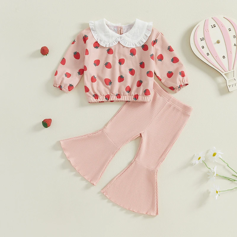 

1-4Years Kids Baby Girl Fall Outfits Strawberry Print Long Sleeve Doll Collar Sweatshirt+Solid Ribbed Flare Pants Princess Set