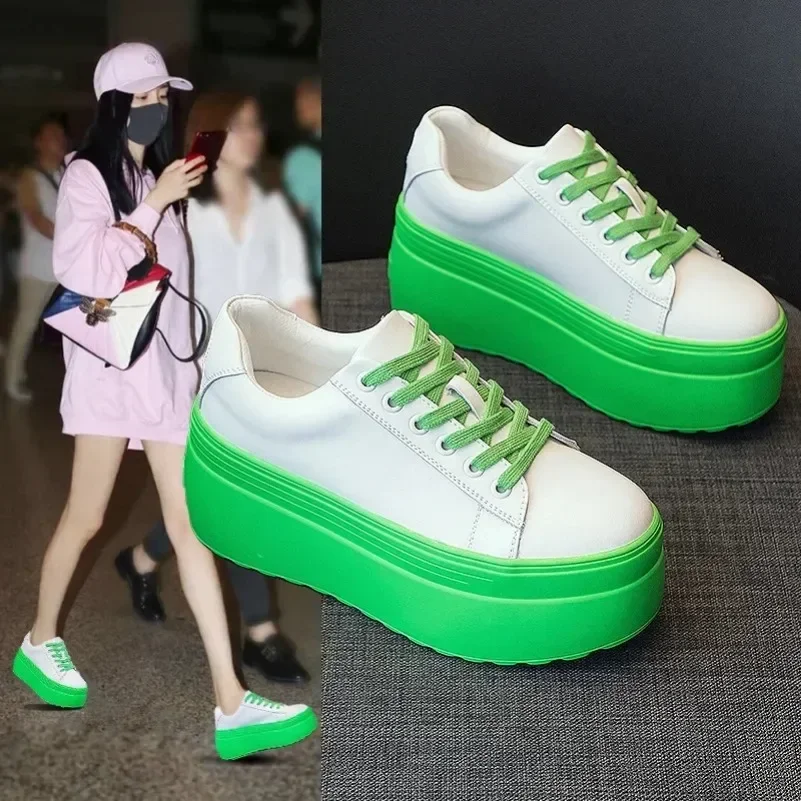 Fujin 8cm Super High Platform Wedge Sneakers Genuine Leather Shoes Women Autumn Autumn Green White Shoes Summer Sneakers