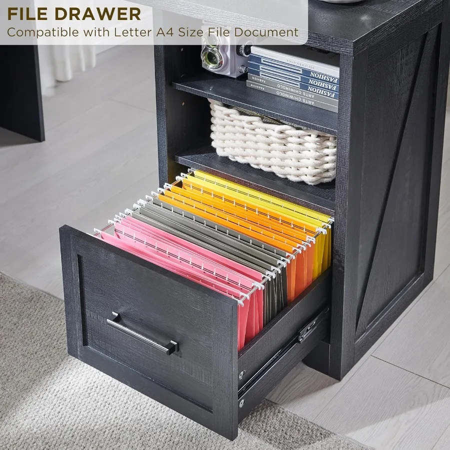 مكتب منزلي مكتب كمبيوتر حديث للمزرعة مع خزانة ملفات حرف T4 F4 مكتب كتابة للدراسة القانونية 59 Ih أسود رائع #5