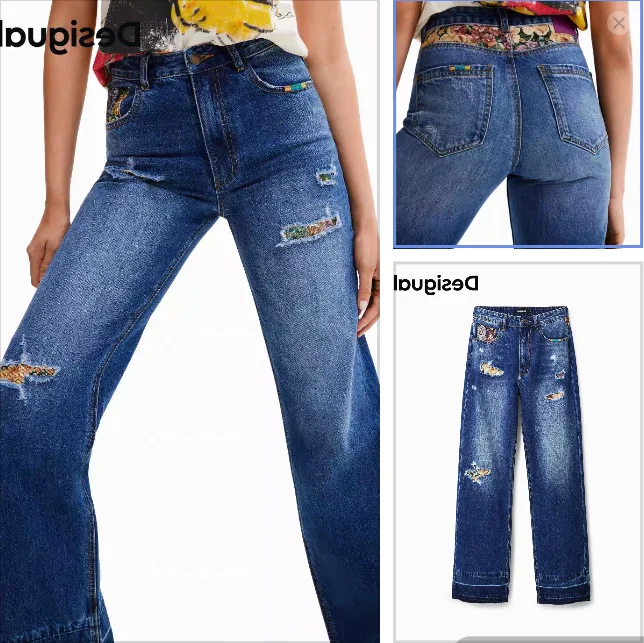 Foreign trade original single Spanish fashion casual hole patchwork printed wide-leg jeans