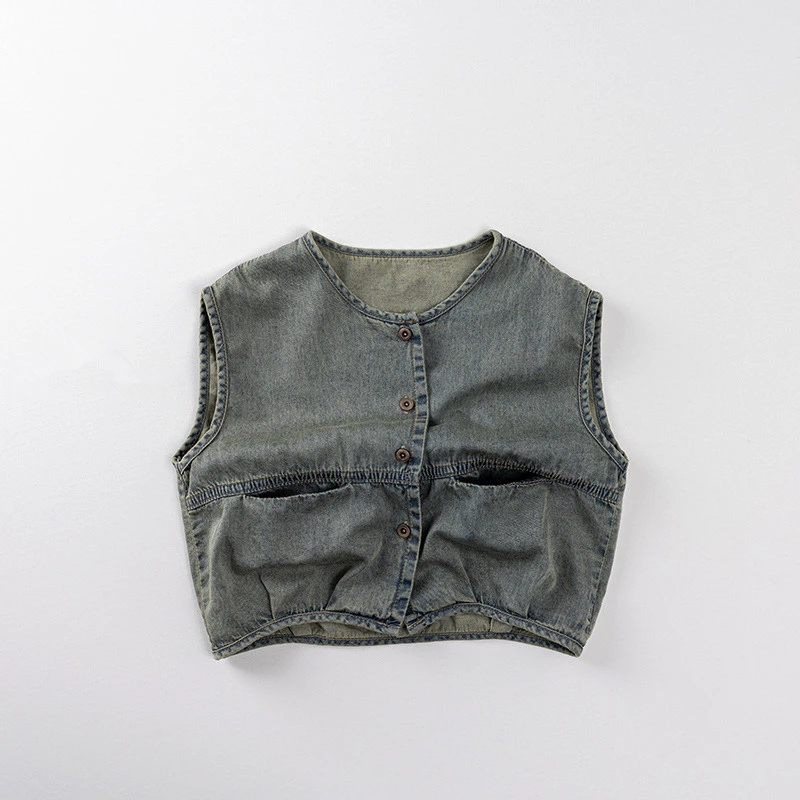 

Новинка лета 2023 года, детский тонкий джинсовый жилет, винтажный кардиган без рукавов для девочек, пальто для мальчиков, повседневная джинсовая куртка, детская одежда