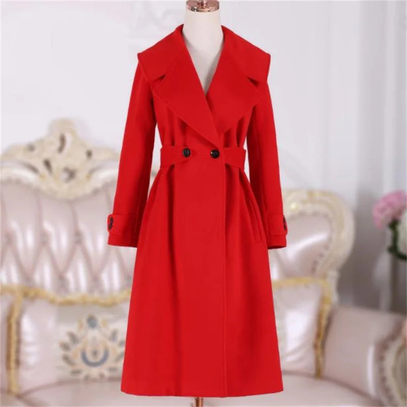 

Autumn and winter fashion new red lapel slim woolen coat aline button fashion women coat 3xl