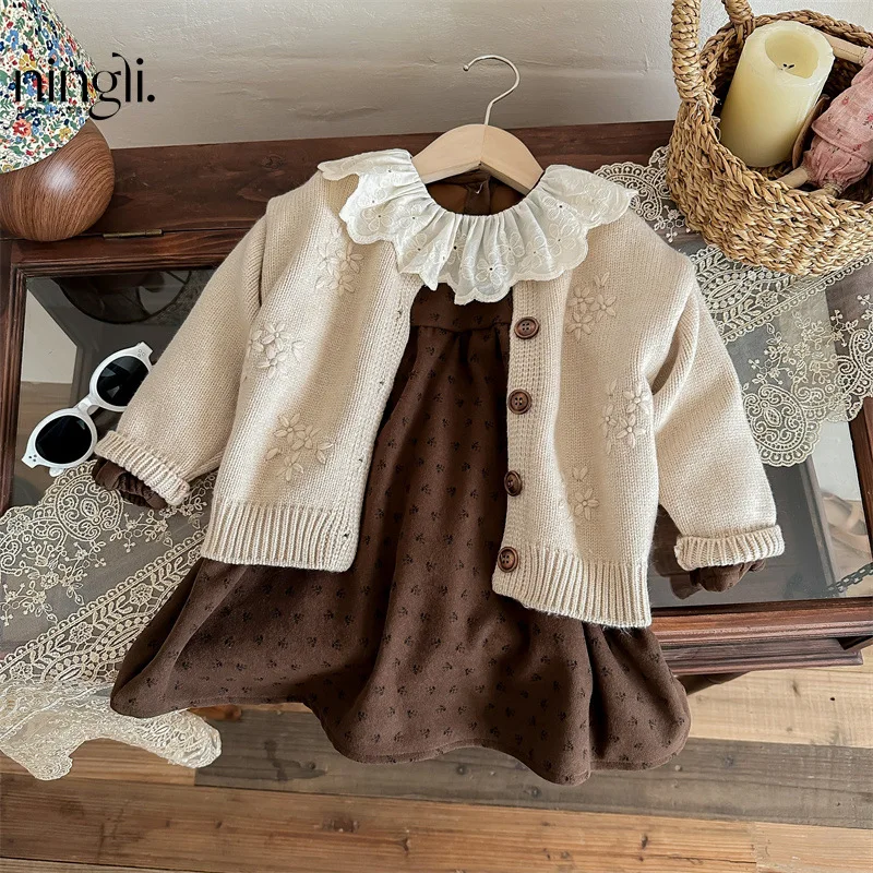 

Children's Autumn New Crochet Knitted Cardigan Floral Dress Two-piece Set