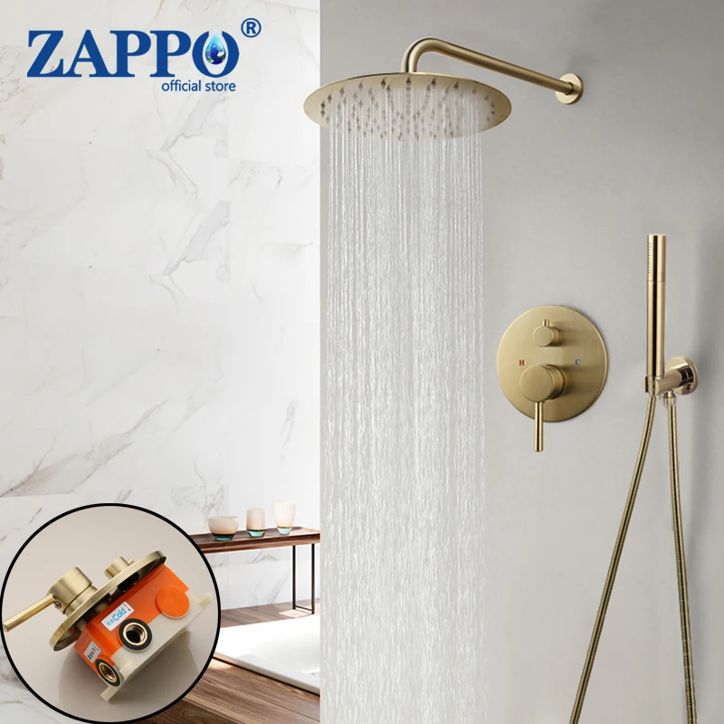 

ZAPPO Brush Gold 10 Inch Shower Faucet Set Round Shower Head Wall Mounted Rainfall Shower Set Hand Shower Mixer Faucet Kits