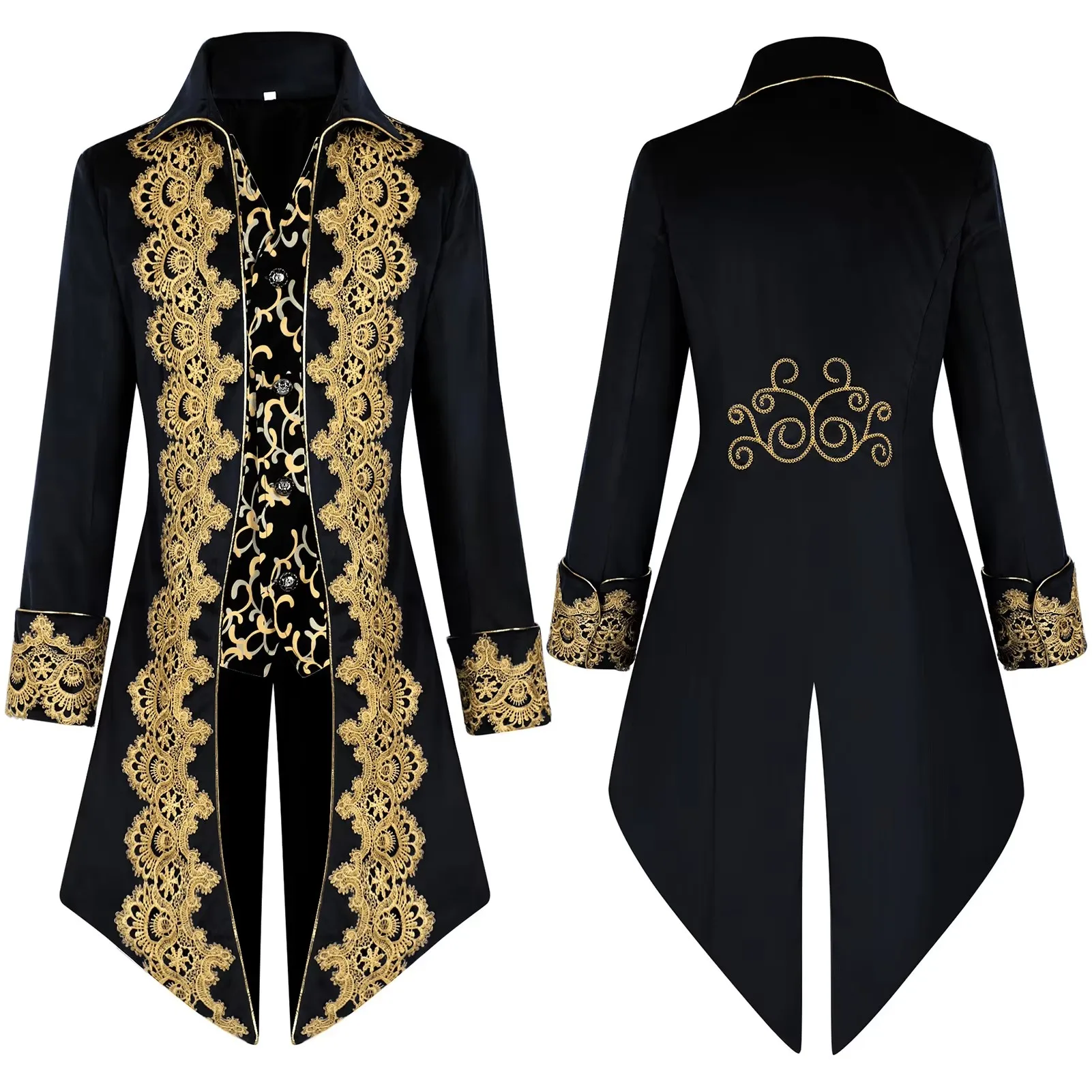 

Halloween Lace Patchwork Tuxedo, Medieval Men's Retro Long Jacket, Punk Trench Coat, Black, Red, Purple, and Blue Are Available.