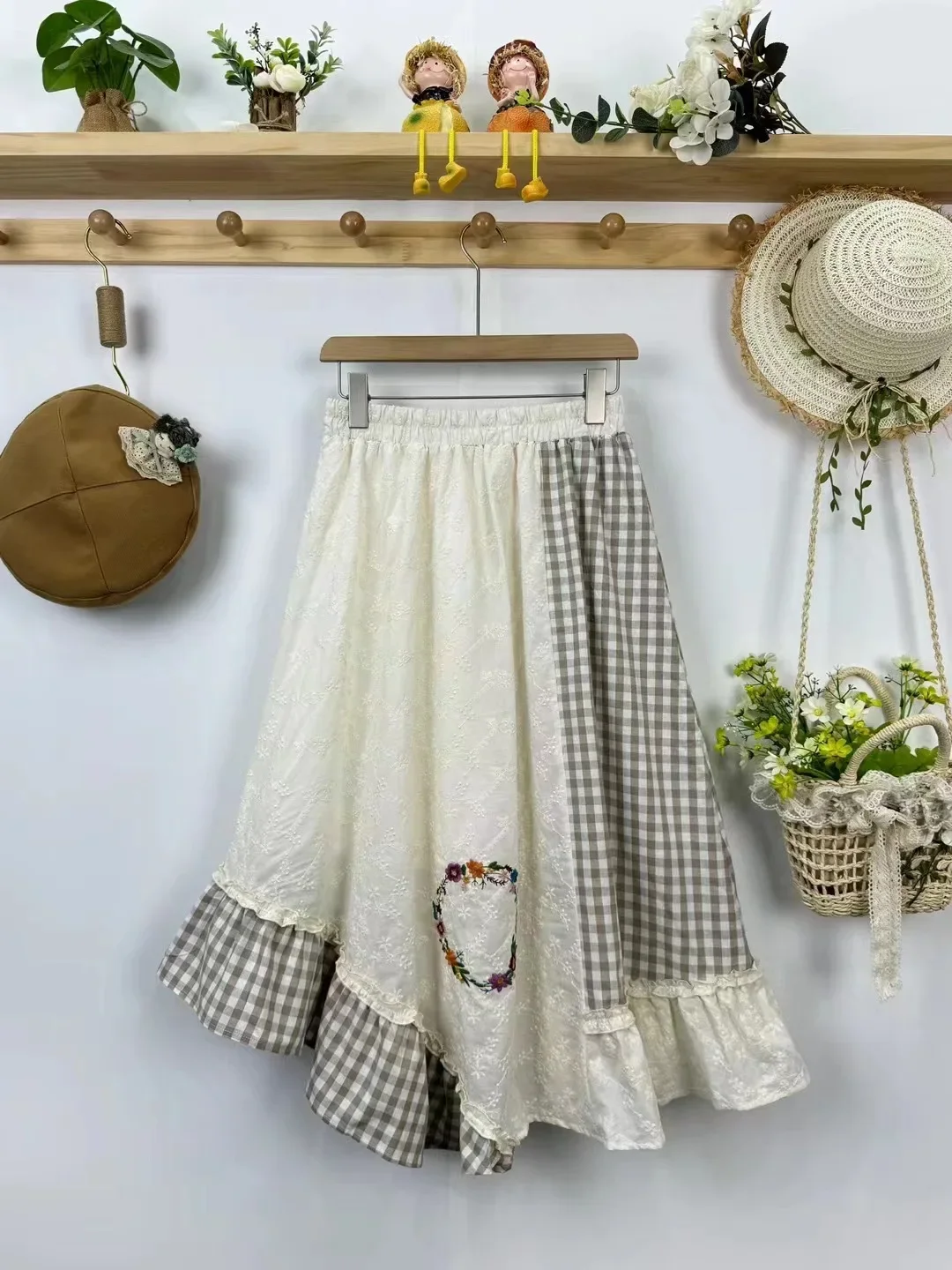 Vintage Plaid Patchwork Pleated Long Skirt Women Korean Preppy Style High Waist Retro Kawaii Skirts Elegant A-Line Tunic Skirts