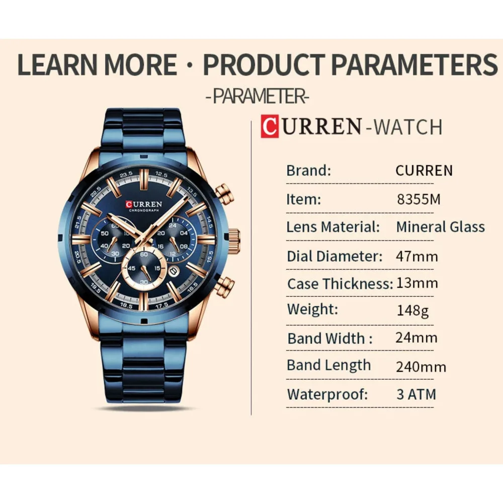 CURREN 8355 men\'s watch Top grade stainless steel waterproof date brand fashion watches Luxury quartz watch for men