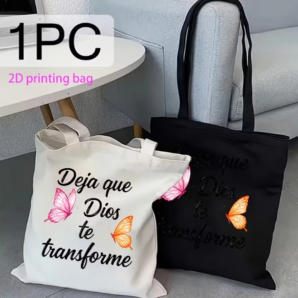 1 Piece: Let God Change You, Spanish Inspirational Quote, Butterfly Print, Religious Gift Shopping Bag, Watercolor Pink and Orange Butterfly Faith Casual Tote Bag