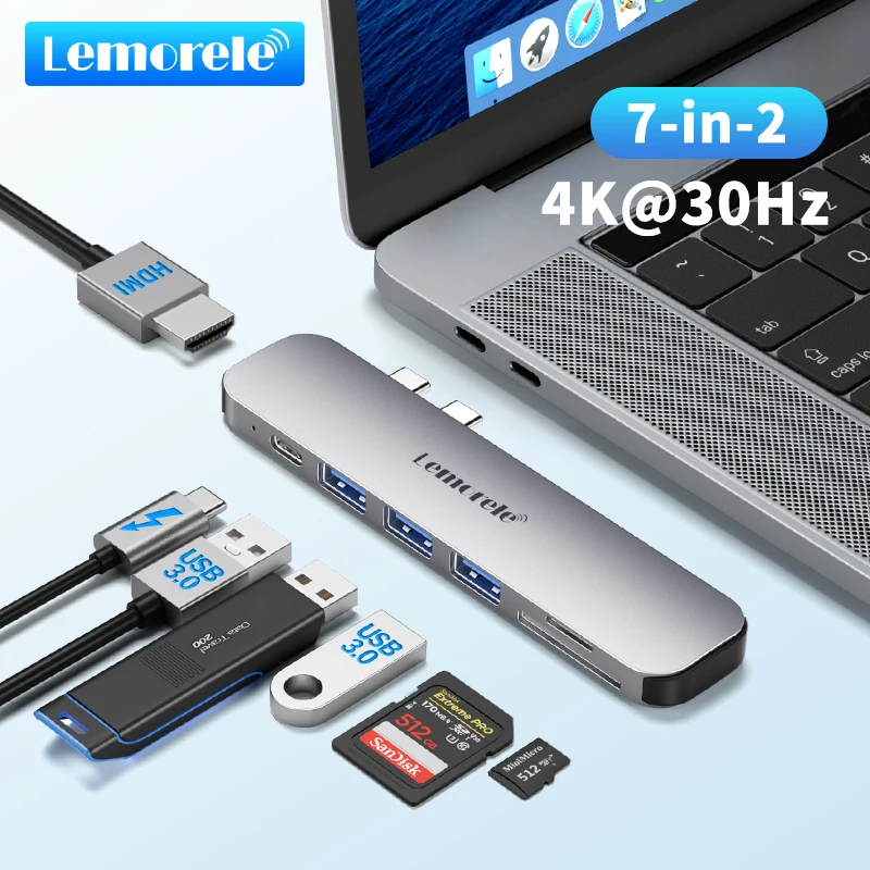 Lemorele 7-in-2 USB HUB Typ-C auf 4K30Hz HDMI USB3.0 PD 100W für MacBook Laptop Zubehör Dockingstation im Lieferumfang enthalten TF SD TC52