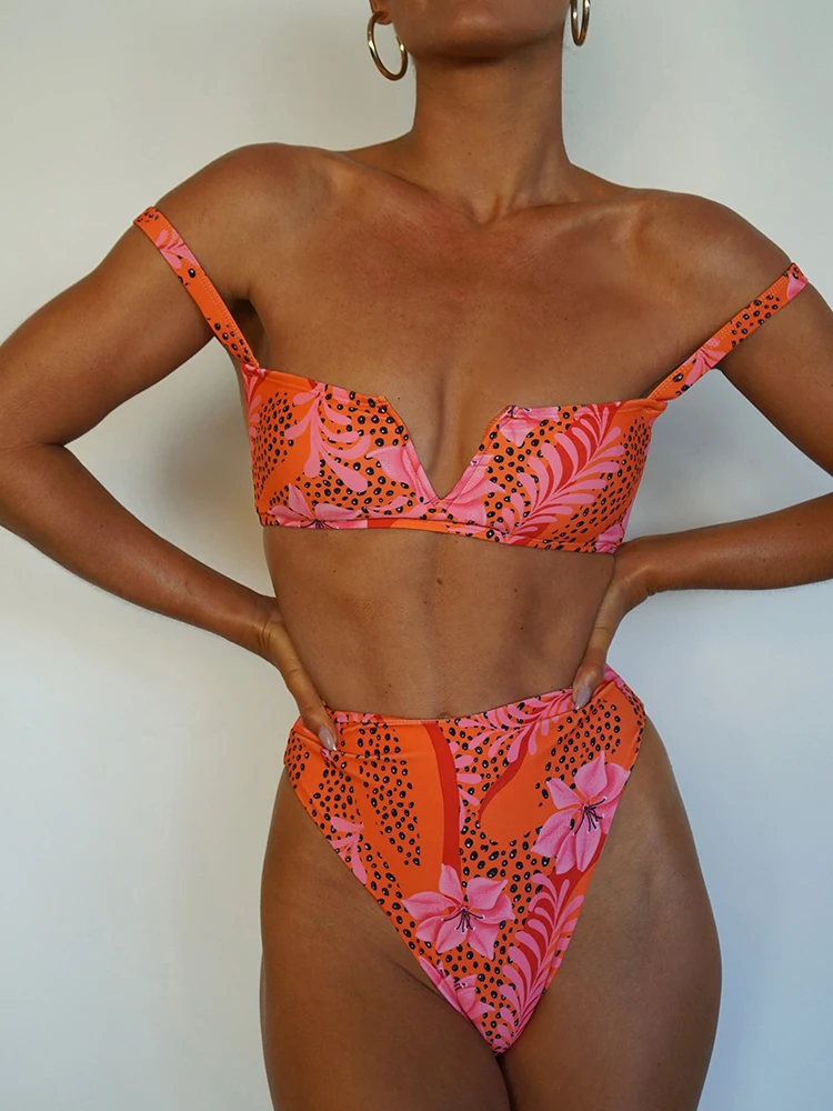 Rinabe orange Bikinis Badeanzug mit hoher Taille Frauen Bade bekleidung Beach wear Print Badeanzug zweiteilige Bikini-Sets Biquinis