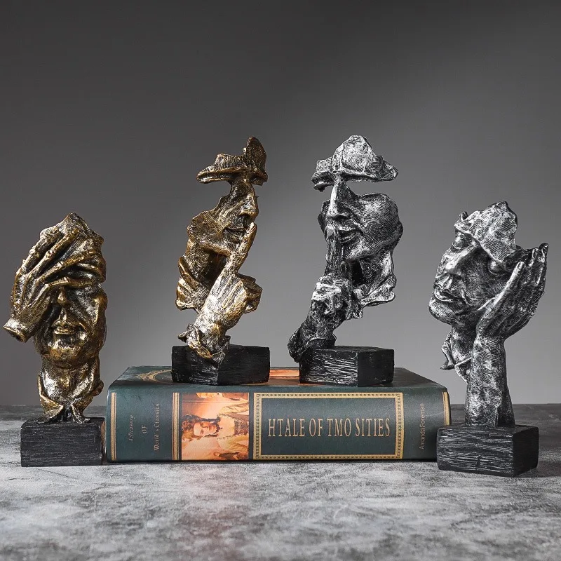

Creative Vilead Three Piece Abstract Sculpture Resin Silent Gold Statue Black Sand Office Bookshelf Desktop Decoration Rack